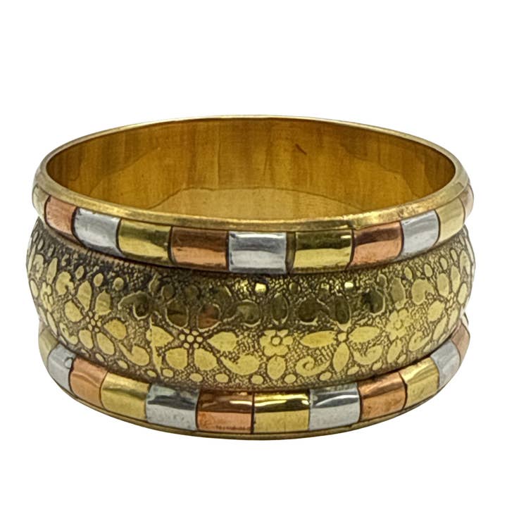 Brass Metal Geometric Cutout Bangle Bracelet 3 Tone for wholesale by Treasure Jewelry