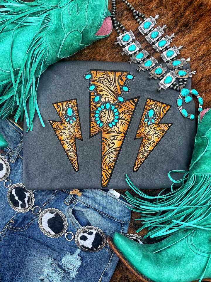 Tooled leather lightning bolt for wholesale by Buckin Barn Wholesale