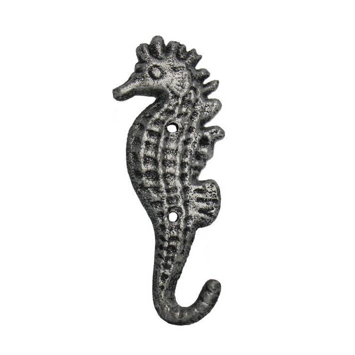 Rustic Silver Cast Iron Seahorse Hook 5" for wholesale by Hampton Nautical