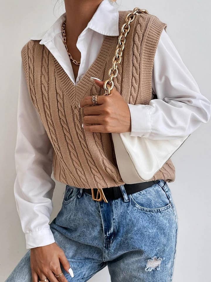 NINEXIS - Wholesale Outerwear Vest - Women's - CWOV0577_V-NECK SOLID COLOR CABLE KNIT SWEATER VEST