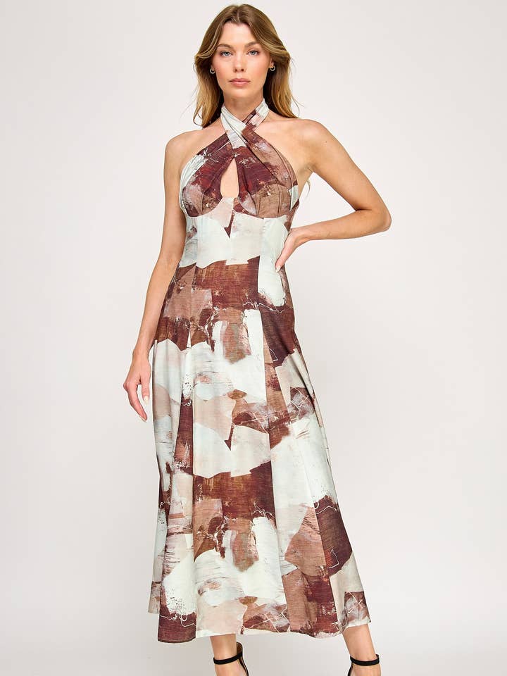 Vestido Maxi Esme - Estampado Geométrico de Lino con Halter para venta al por mayor de Vestis M