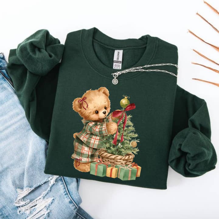 Christmas Bear Sweatshirt || Plaid Christmas Sweatshirt for wholesale by Posh Magnolia Boutique