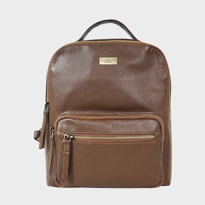 'ANGEL' Tan Nappa Volnerfleer Leren Rugzak met Ritssluiting aan de Bovenkant voor wholesale door Assots London