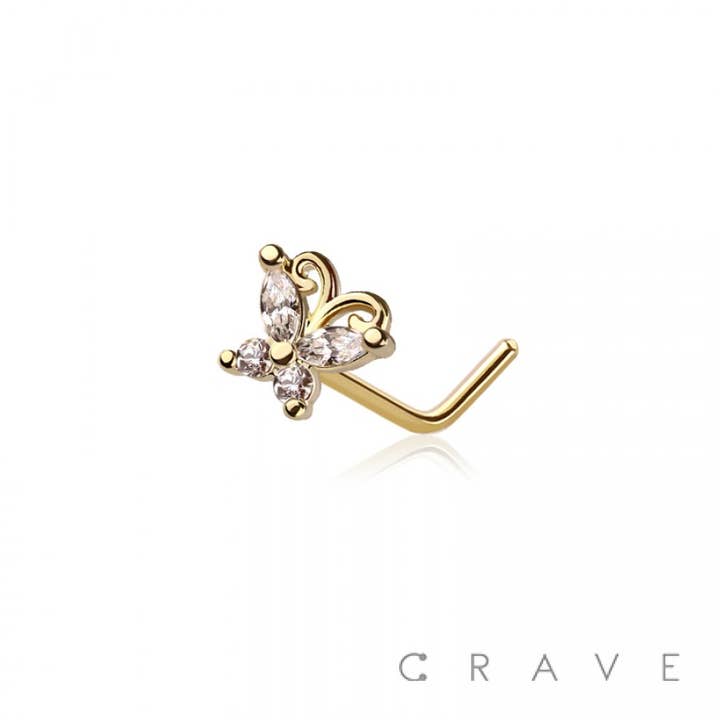 CRAVE BODY JEWELRY - Wholesale Single Earring - CZ BUTTERFLY TOP 316L SURGICAL STEEL L-SHAPE NOSE RING2