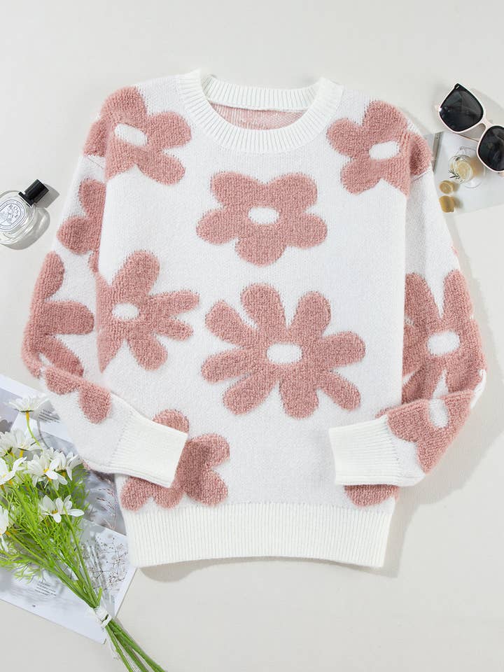 White Textured Flower Drop Shoulder Loose Sweater for wholesale on Faire3