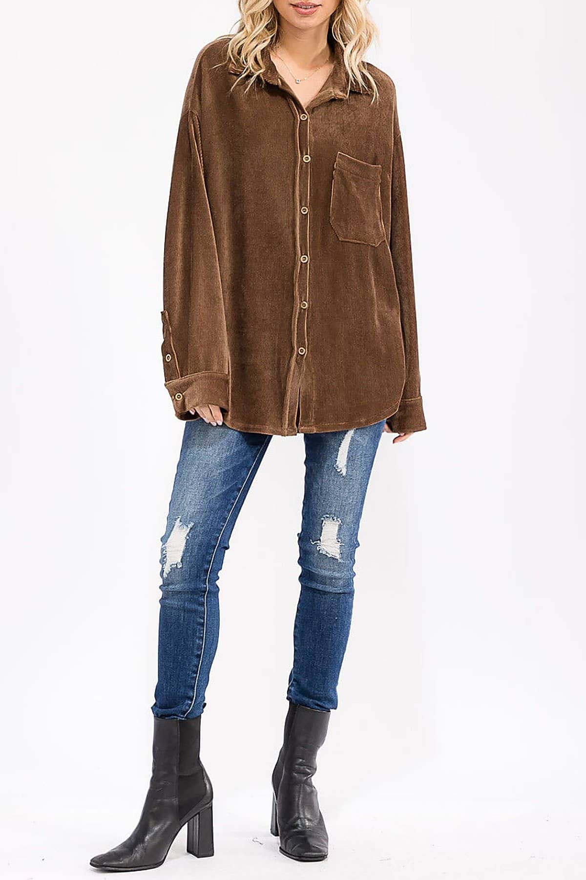 ROUSSEAU - Wholesale Button Down Shirt - Women's - OVERSIZED CORDUROY BUTTON DOWN POCKET FRONT TOP9