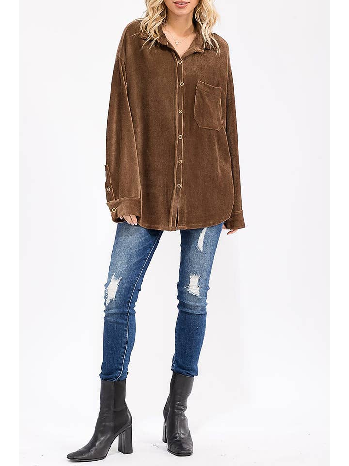 ROUSSEAU - Wholesale Button Down Shirt - Women's - OVERSIZED CORDUROY BUTTON DOWN POCKET FRONT TOP9