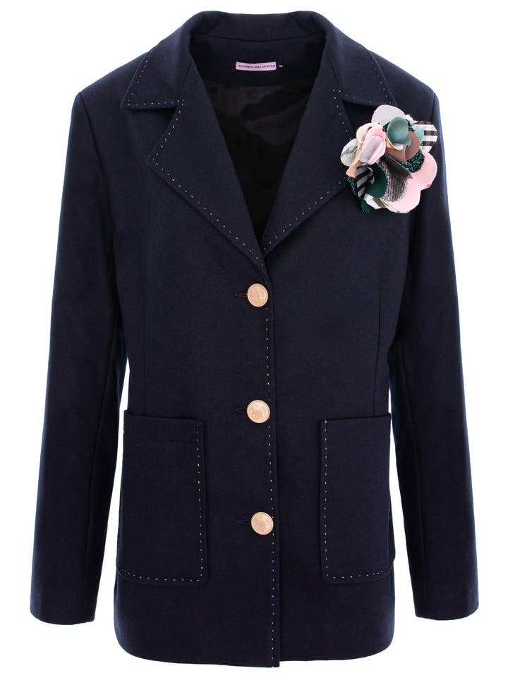 Kaschmirblazer mit aufgesetzten Seitentaschen und abnehmbarem Blumenaccessoire für den Großhandel von FUTURE PLANET OF STYLE