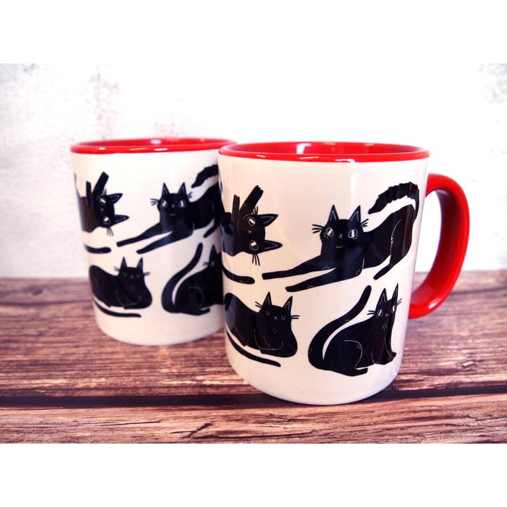 I LIKE CATS - Wholesale Coffee mug - Black Cats Coffee Mug, red handle, illustrated mug4