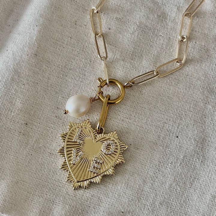 Heart and Pearl Paperclip chain necklace layering statement for wholesale by Amady Jewelry