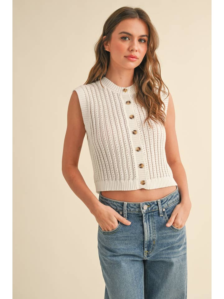 MIOU MUSE - Wholesale Sweater Vest - Women's - T4445 BUTTONDOWN CROCHET VEST