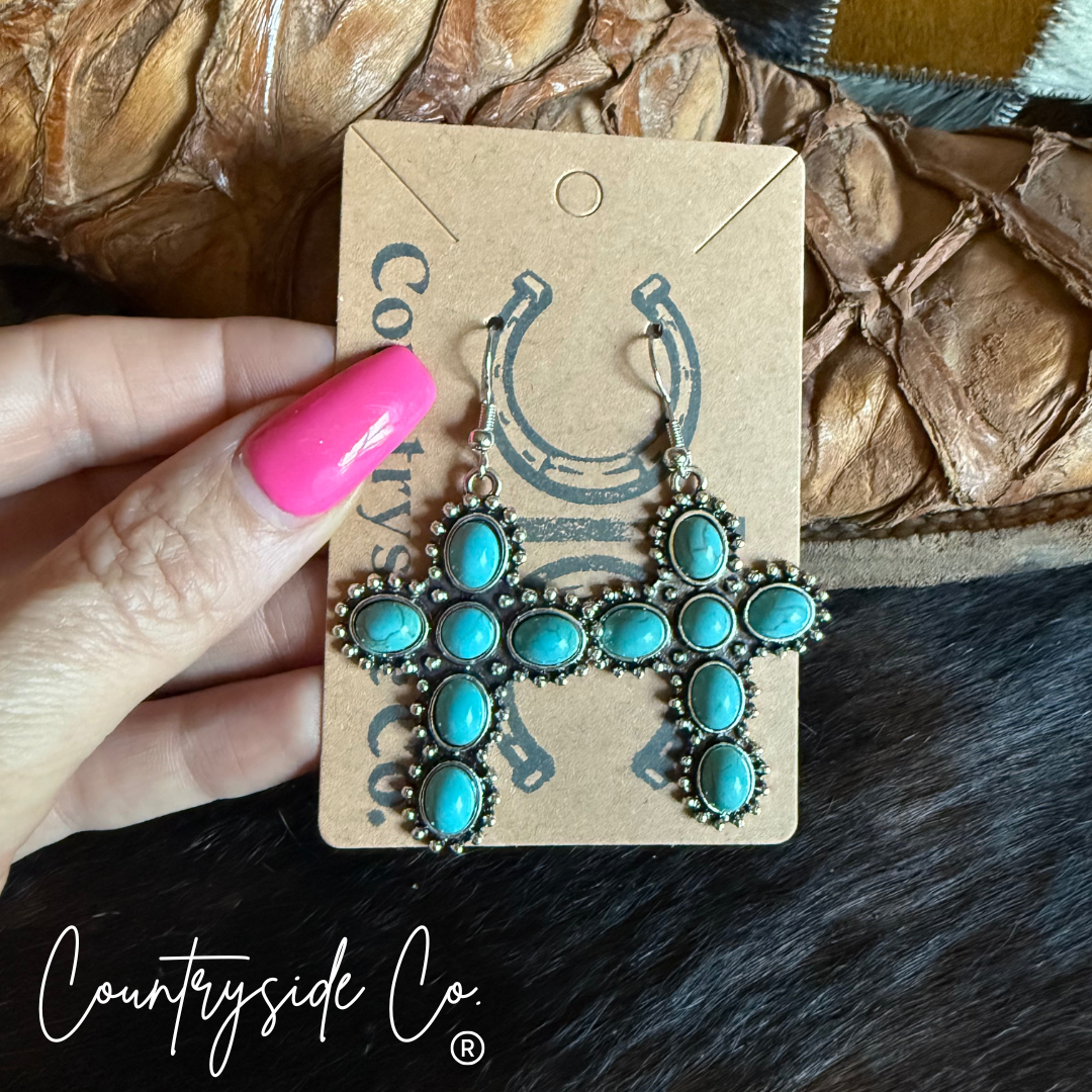 Texas Western Cowhide Bags and More - Wholesale Stud/Post Earrings - Cross Turquoise Dangle Earring3