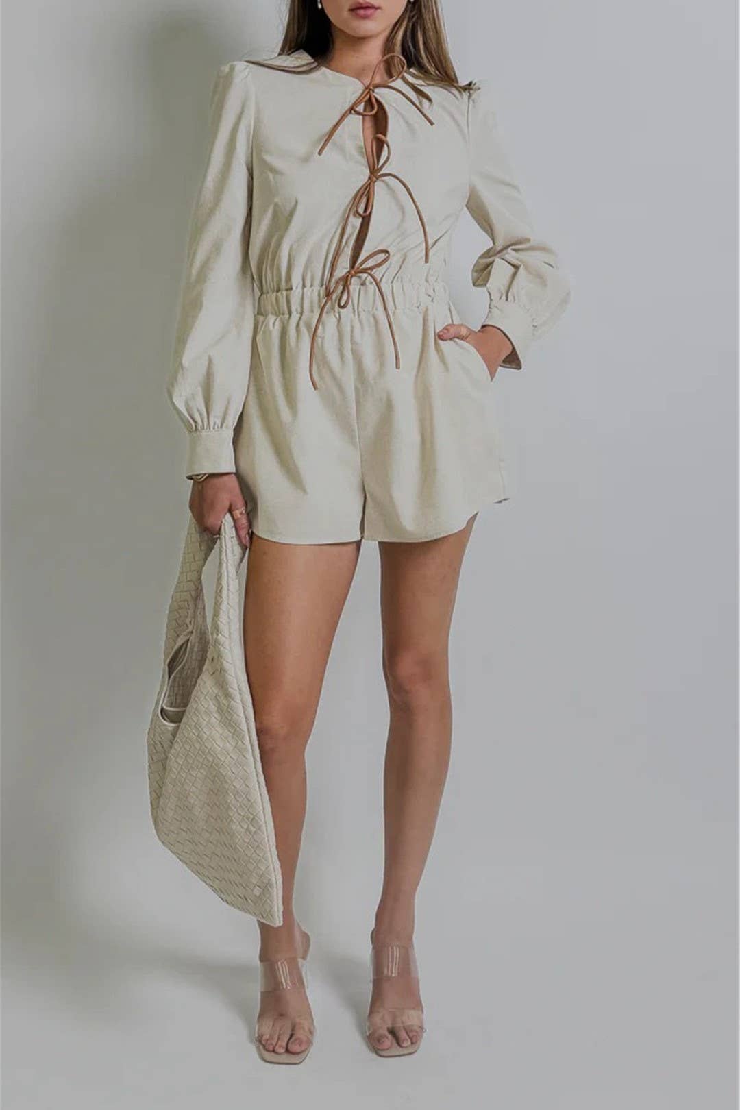 Rosa Clothing - Wholesale Romper - Women's - contrast bow tie front closure long sleeve romper6