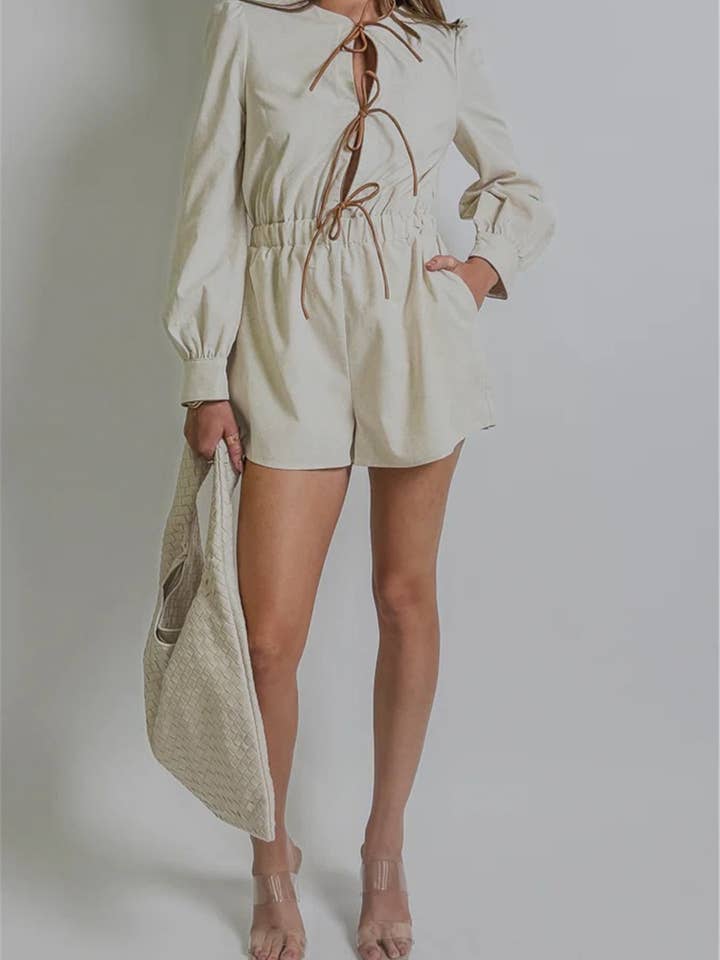 Rosa Clothing - Wholesale Romper - Women's - contrast bow tie front closure long sleeve romper6