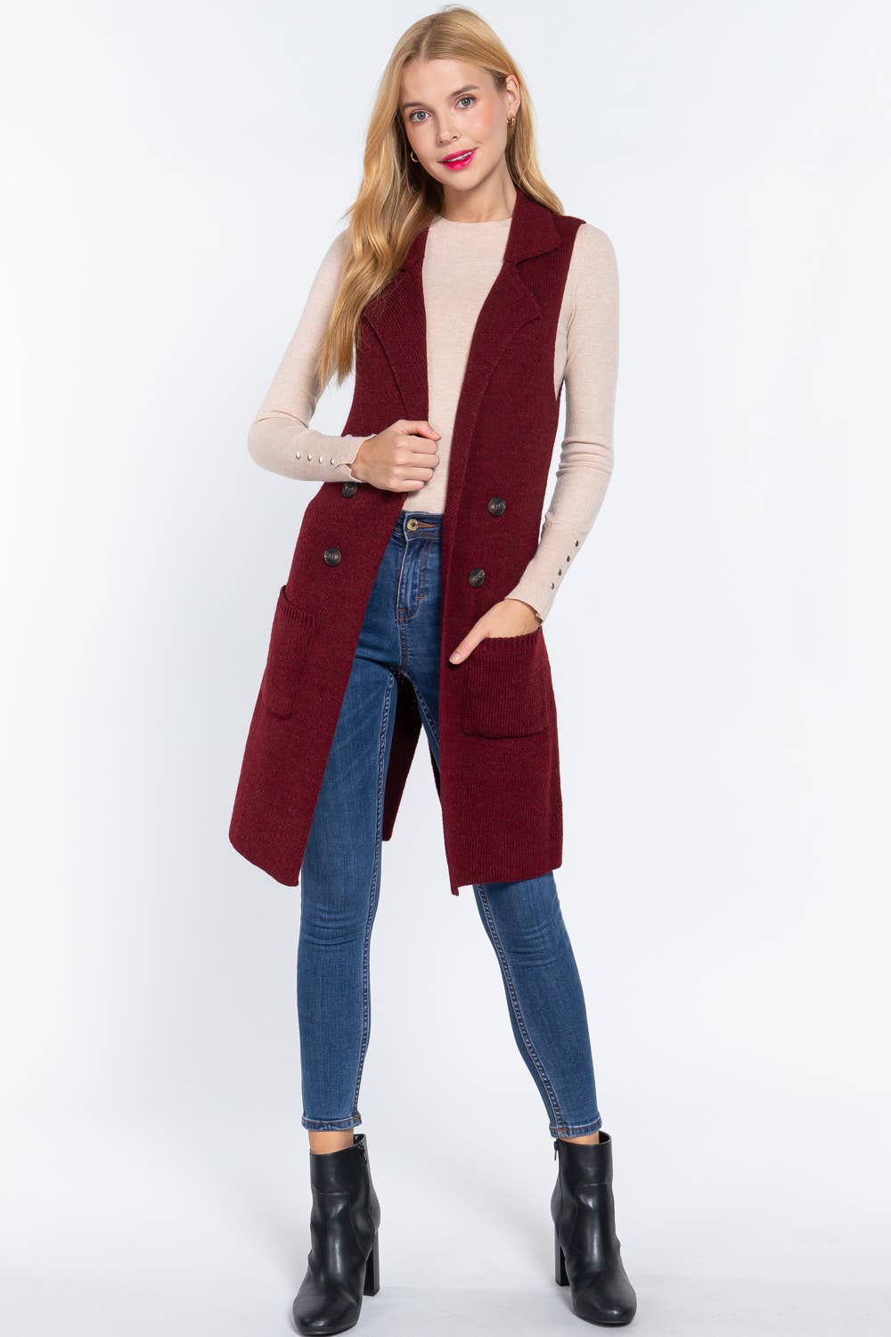 Active Basic | Active USA - Wholesale Outerwear Vest - Women's - Sleeveless Notched Collar Long Sweater Vest28