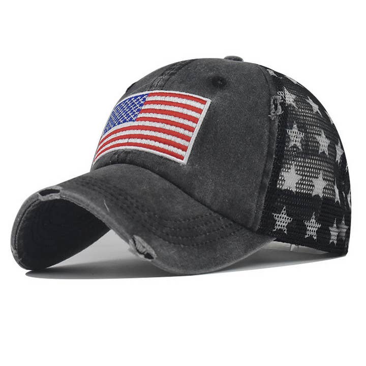 Washed Cotton Distressed Star US Flag Ponytail Cap CWAH1379 for wholesale by ACCITY