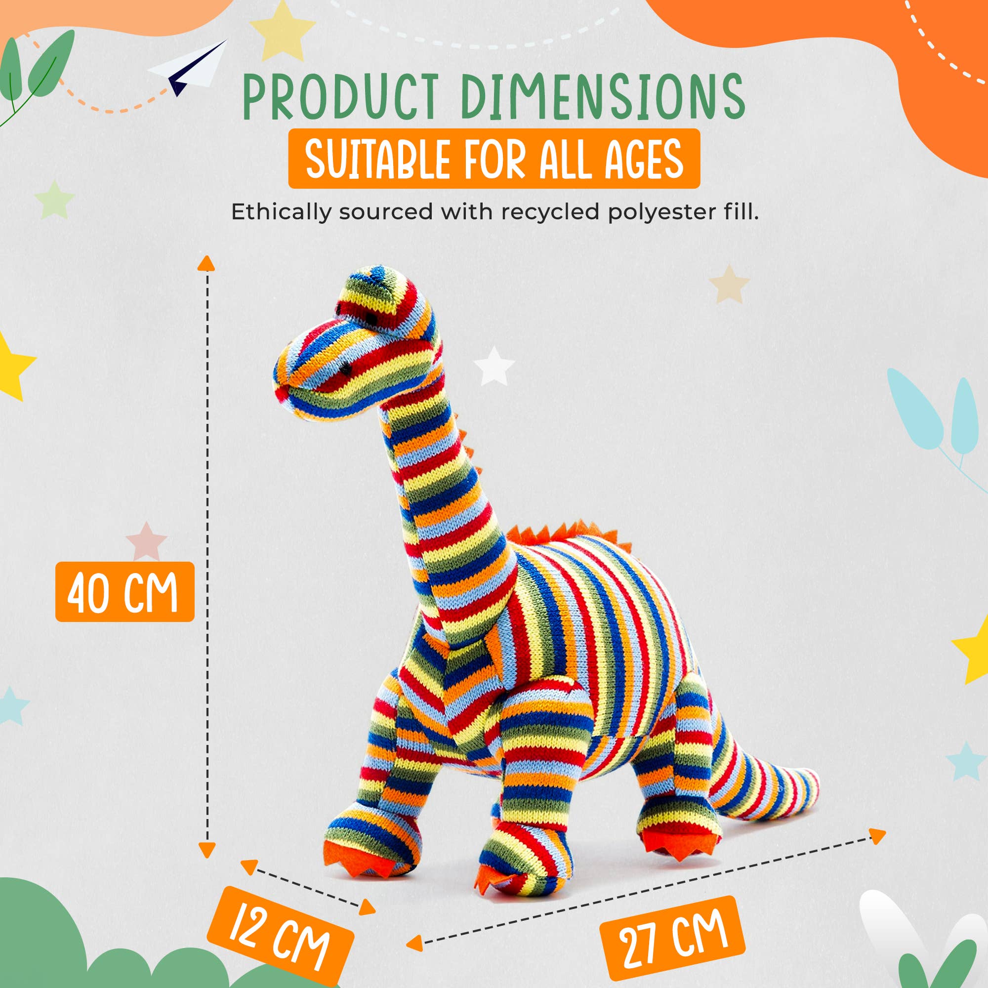 Best Years Ltd – wholesale Stuffed/plush toy – Kids & baby – Knitted Stripe Diplodocus Dinosaur Soft Toy Teddy1
