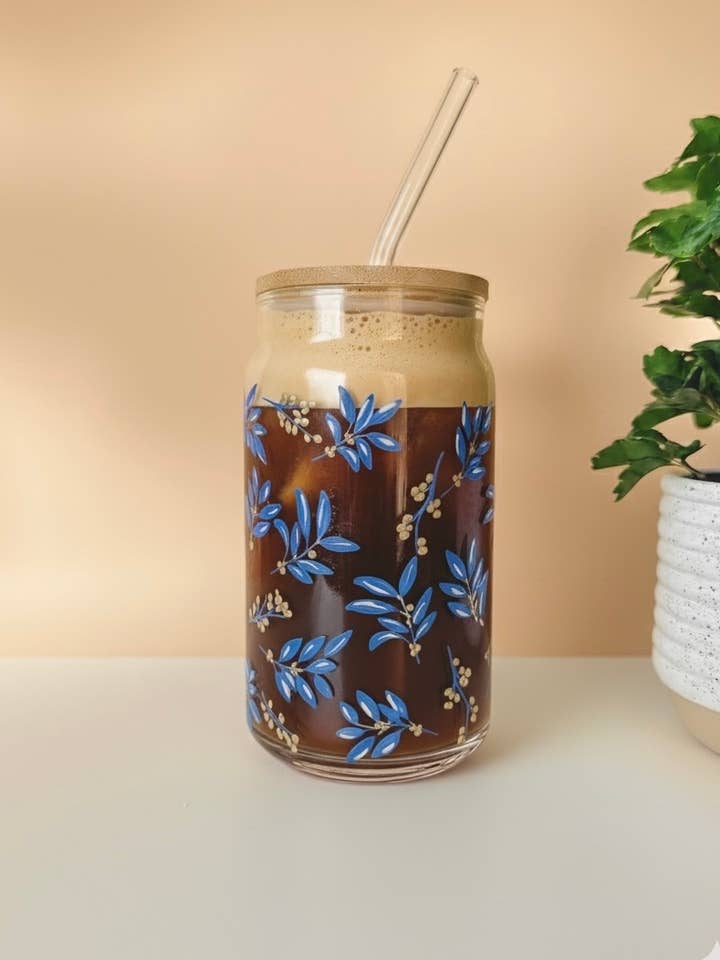 Blue Leaf 16oz UV Print Glass Can with Lid and Straw for wholesale by May20design