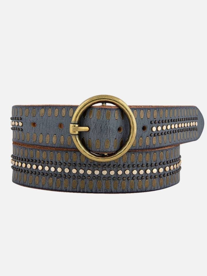 Soraya | Ceinture en cuir clouté à boucle ronde dorée pour femmes pour la vente par Amsterdam Heritage Leather Belts, Bags, Jackets & Apparel