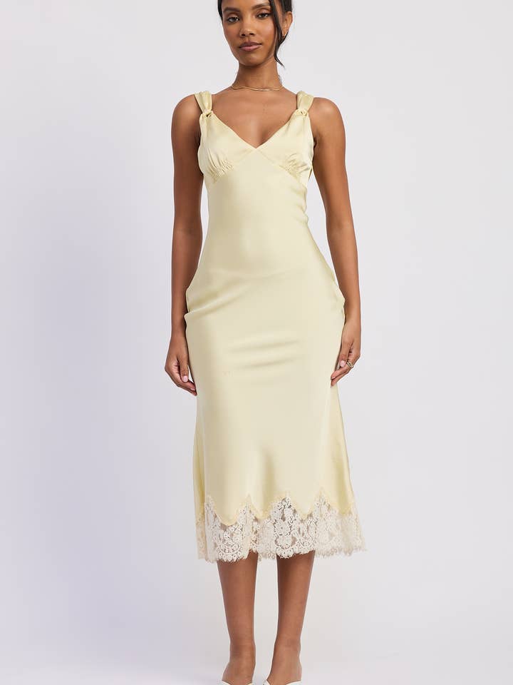SATIN MID BIAS CUT DRESS WITH LACE DETAIL for wholesale by Emory Park