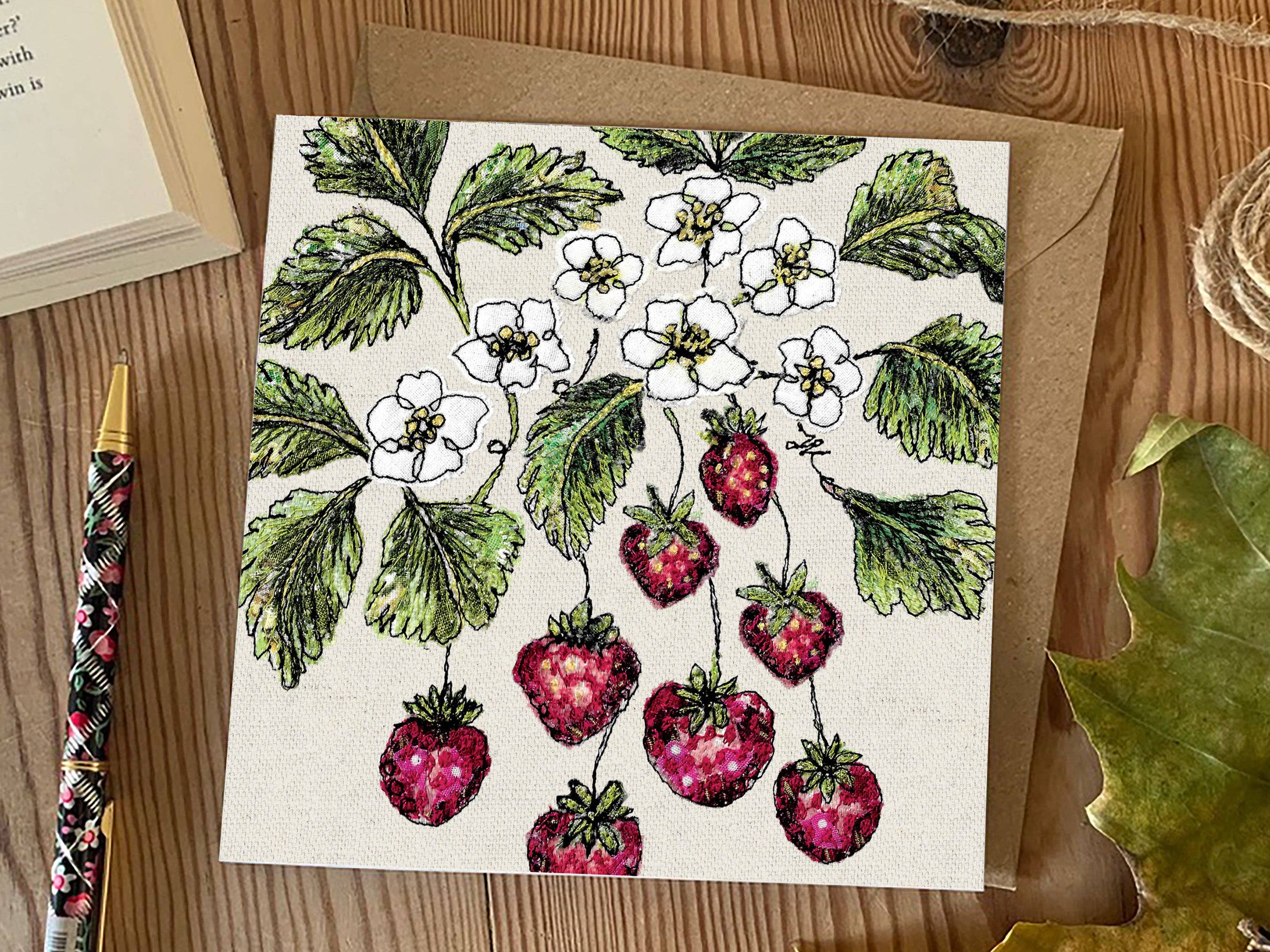 Francesca Kemp Textile Art - Wholesale Everyday Greeting Card - Wild Strawberry Embroidery Art Card1