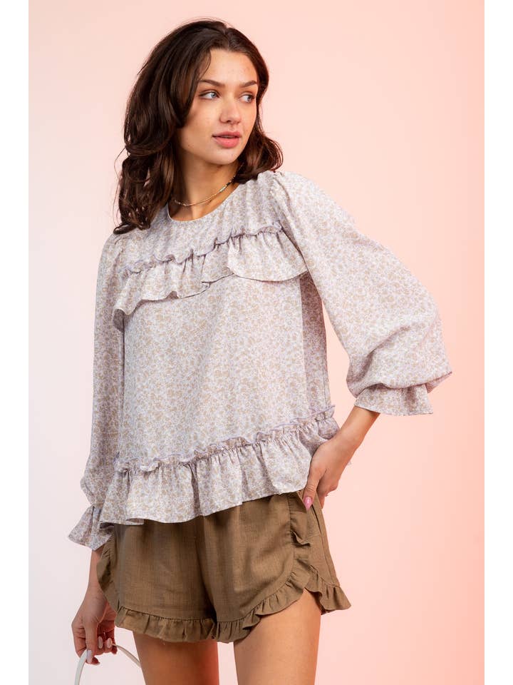 VERY J - Wholesale Blouse - Women's - VT15119-Floral Print Ruffle Blouse