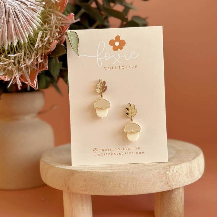 Foxie Collective - Wholesale Dangle Earrings - Acorn Earrings | Gold Mirror + Cream | WHOLESALE