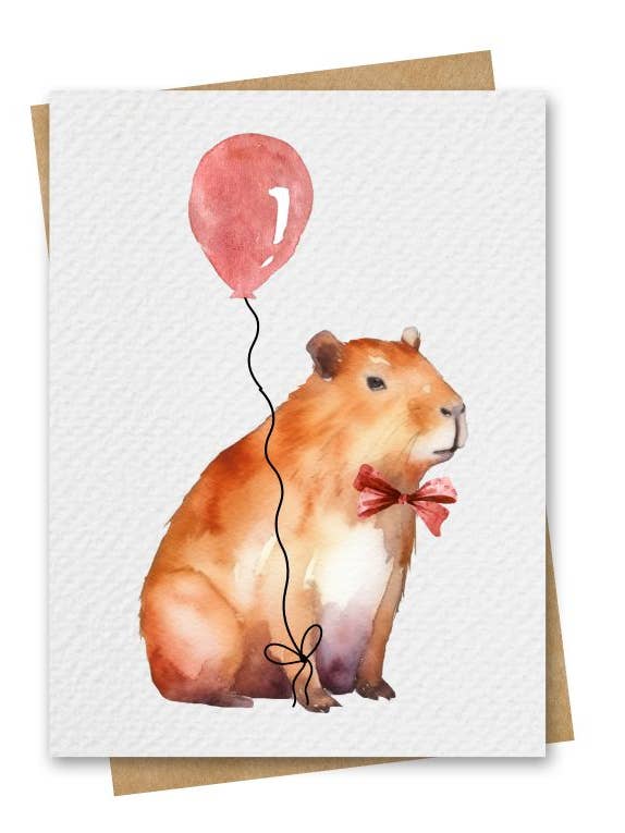 Watercolour Capybara With Red Balloon Birthday Card for wholesale by Paper Kuts