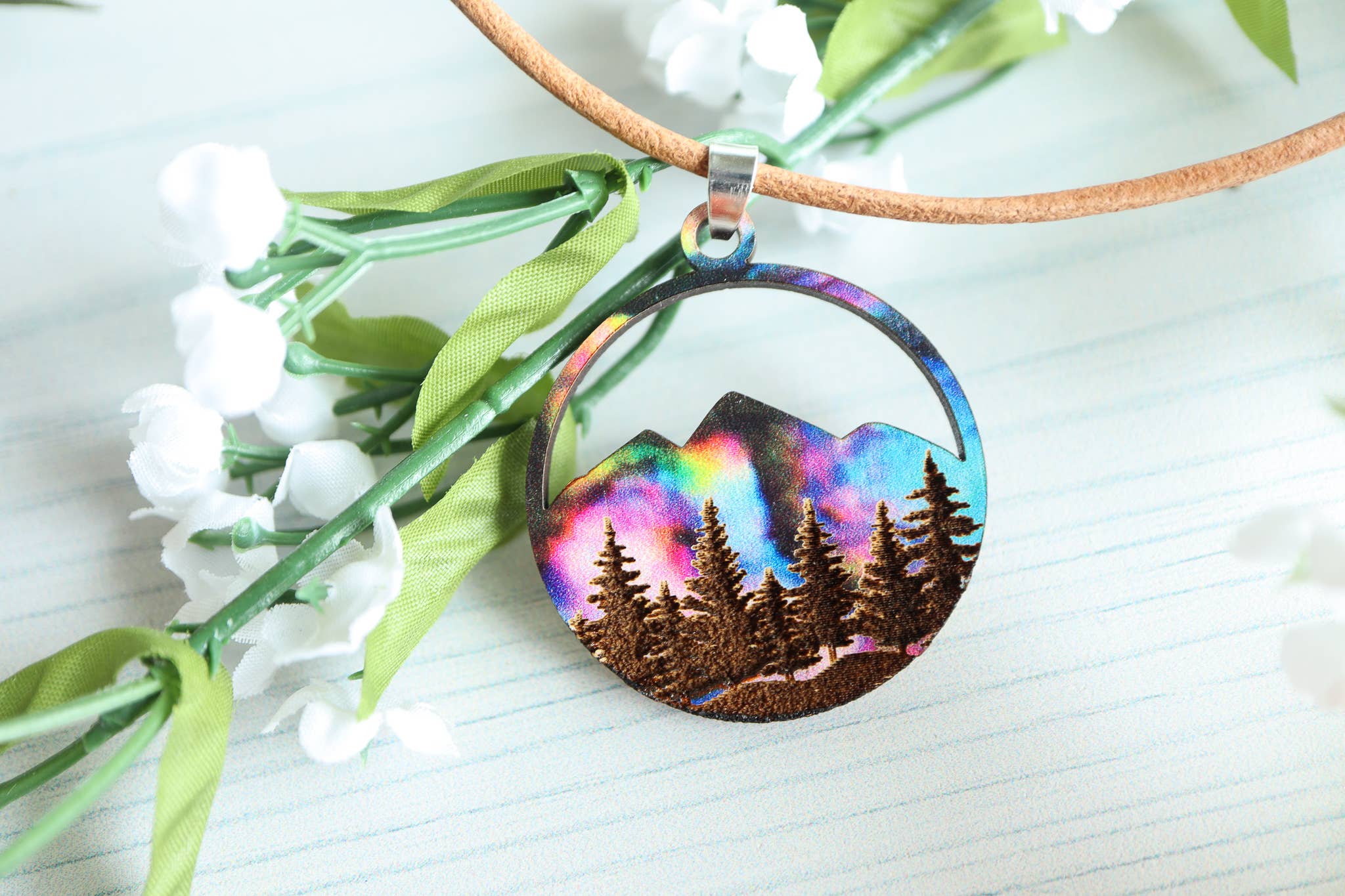 Nine Mile Creative - Wholesale Pendant/Charm Necklace - Aurora Mountains Wood Pendant Adjustable Necklace4