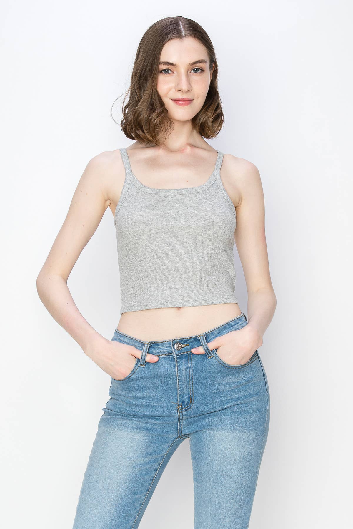 Color 5 - Vente Débardeur – femme - Débardeur spaghetti court en coton côtelé et élasthanne de couleur unie1