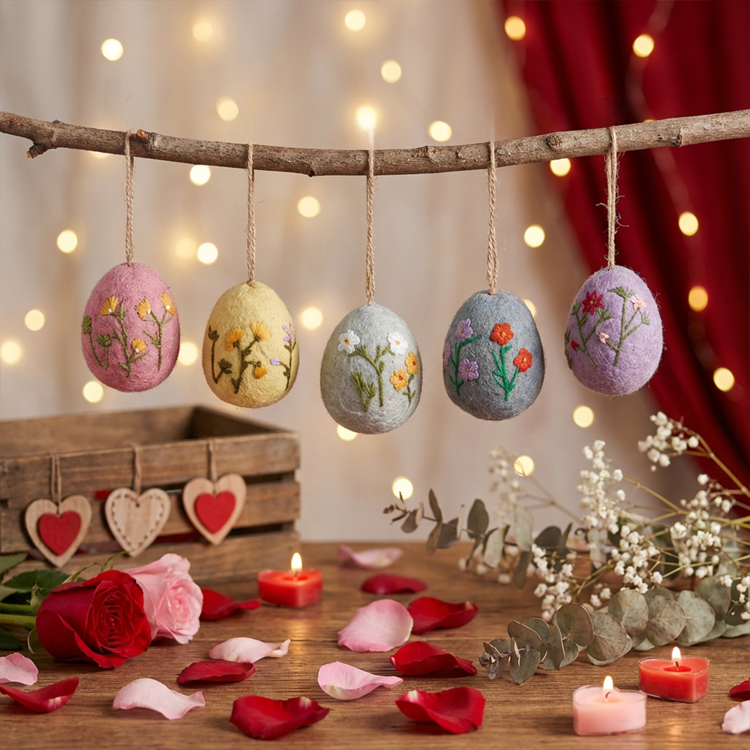 Felt So Good - Vente Objets de décoration - Lot varié d’œufs de Pâques en feutre avec grandes fleurs brodées à la main10