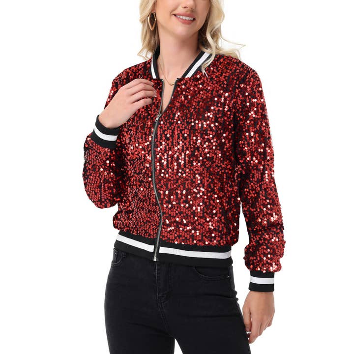 Anna Kaci Wholesale - Wholesale Bomber Jacket - Women's - Sequin Bomber Jacket with Ribbed Trim and Front Zipper Closure12