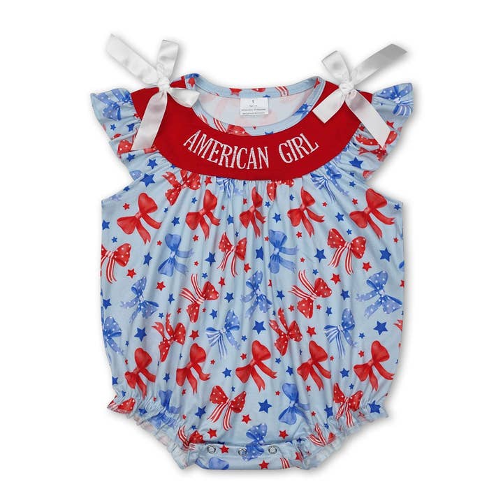 American girl red blue bow baby 4th of july romper for wholesale by Yawoo Garments