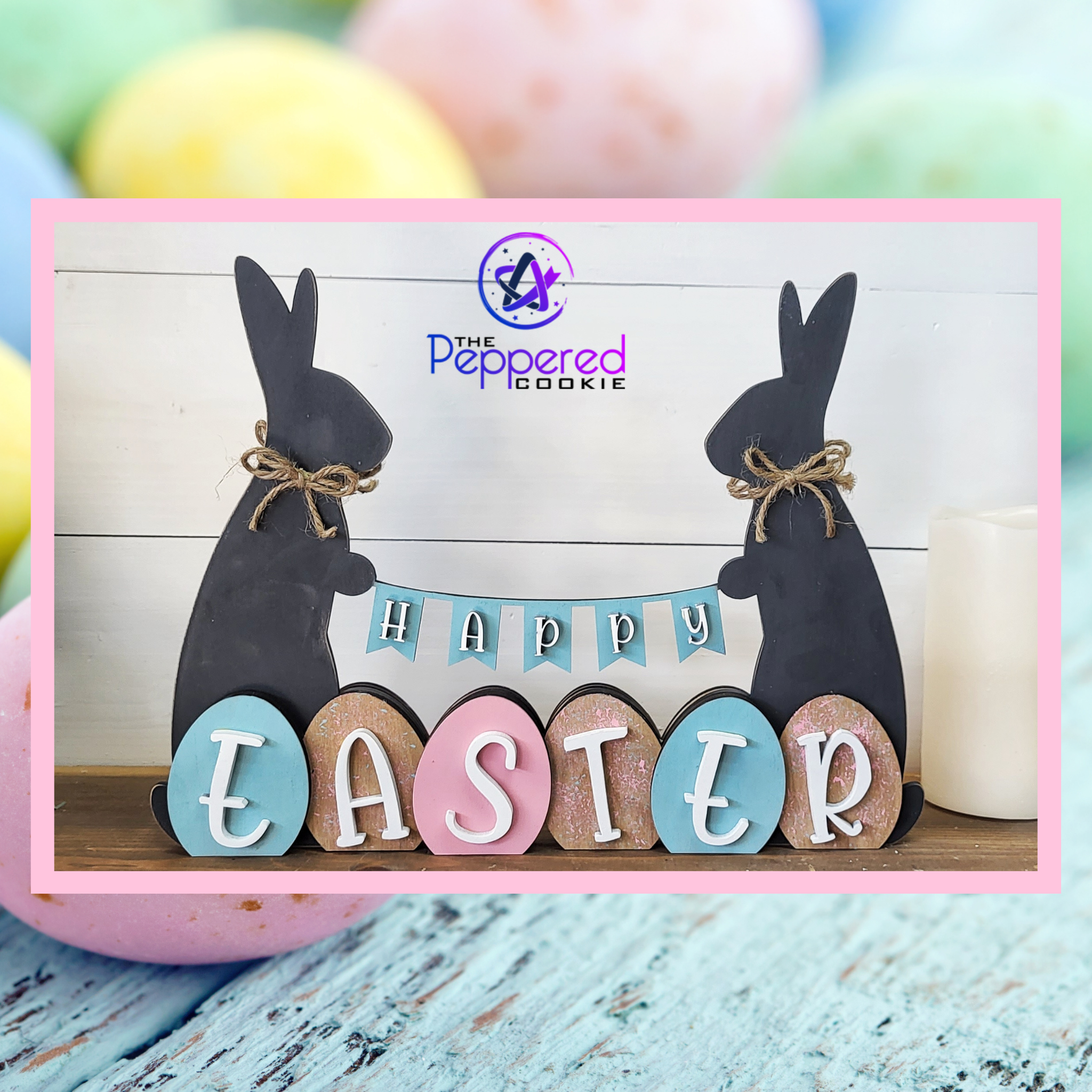 The Peppered Cookie - Vente Kit de bricolage - Décoration d'intérieur - Joyeuses Pâques, Hello Spring Bunny Reversible UNF2