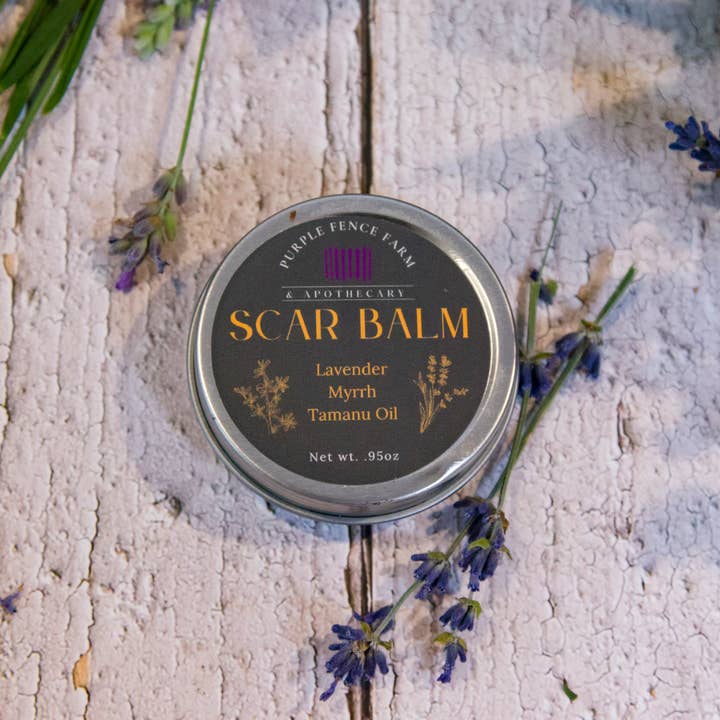 Scar Balm with Tamanu oil, Lavender, Myrrh for wholesale by Purple Fence Farm LLC