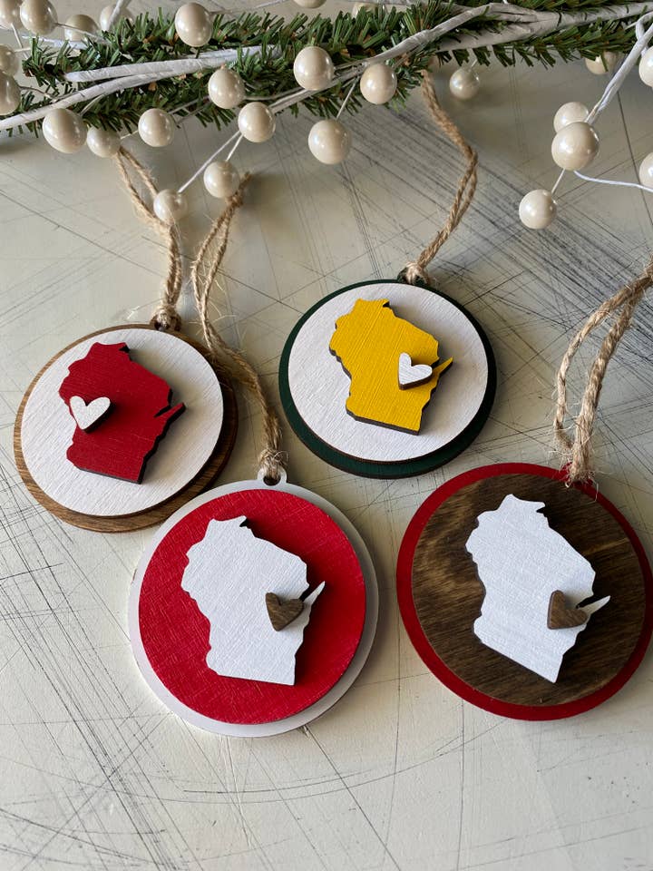 Handmade Wisconsin small round ornament with heart for wholesale by Novotny Designs