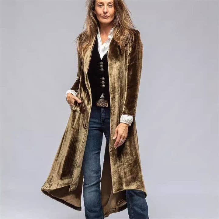 Sheer Trend - Wholesale Coat - Women's - Long Velvet Solid Color Vintage Split Coat