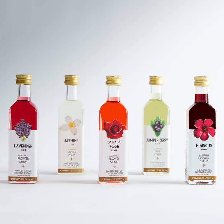 Floral Elixir Co. - Vendita all'ingrosso Kit per bevande fai da te - Kit da cocktail Gin Lovers. Confezione da 5 sciroppi ai fiori.1