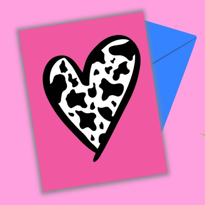Cow Print Heart Greeting Card for wholesale by quirky burp illustrations
