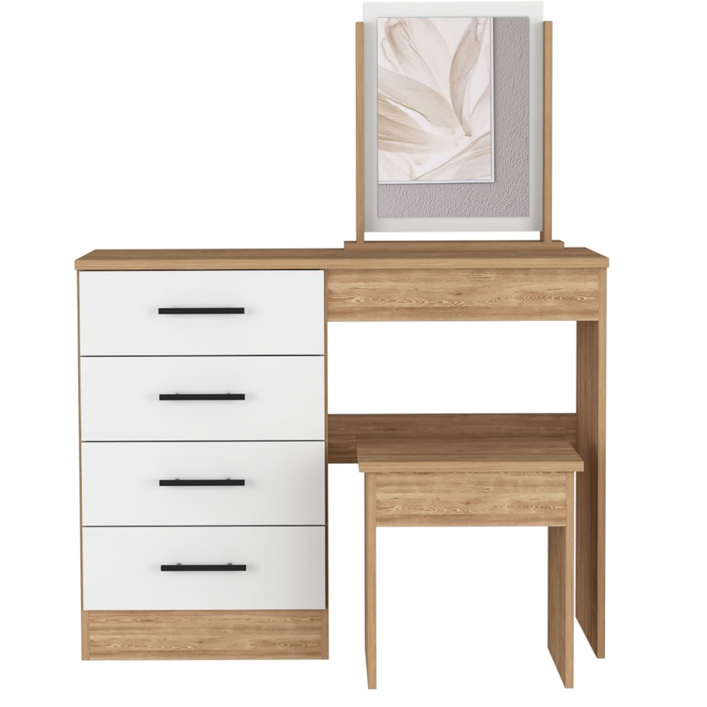 TuHome Concept – Mobília de quarto por atacado – Mesa de maquiagem Seul com espelho, 4 gavetas e banqueta0