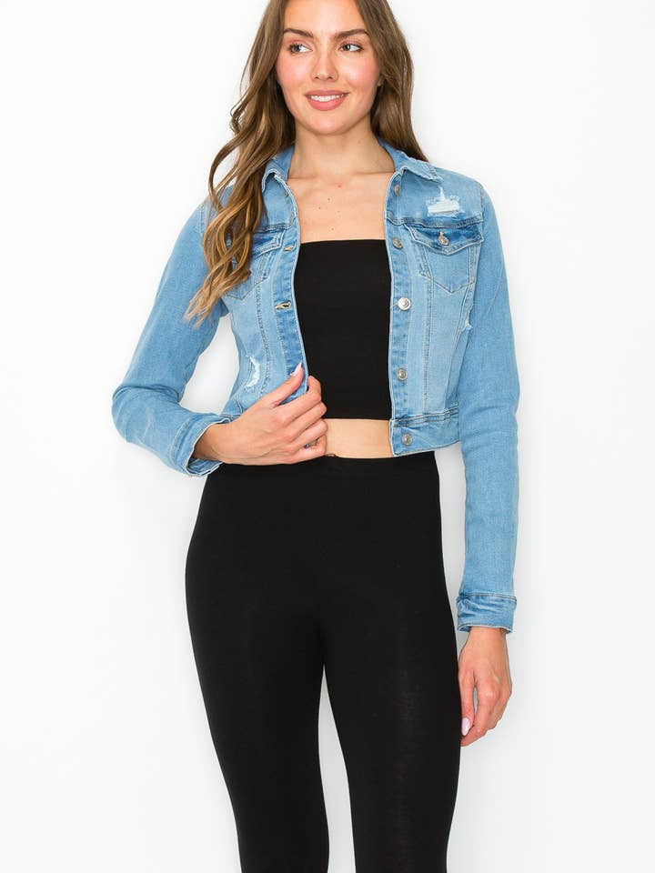 Giacca in denim Distress da donna per la vendita all'ingrosso da parte di Fashion Mille Inc