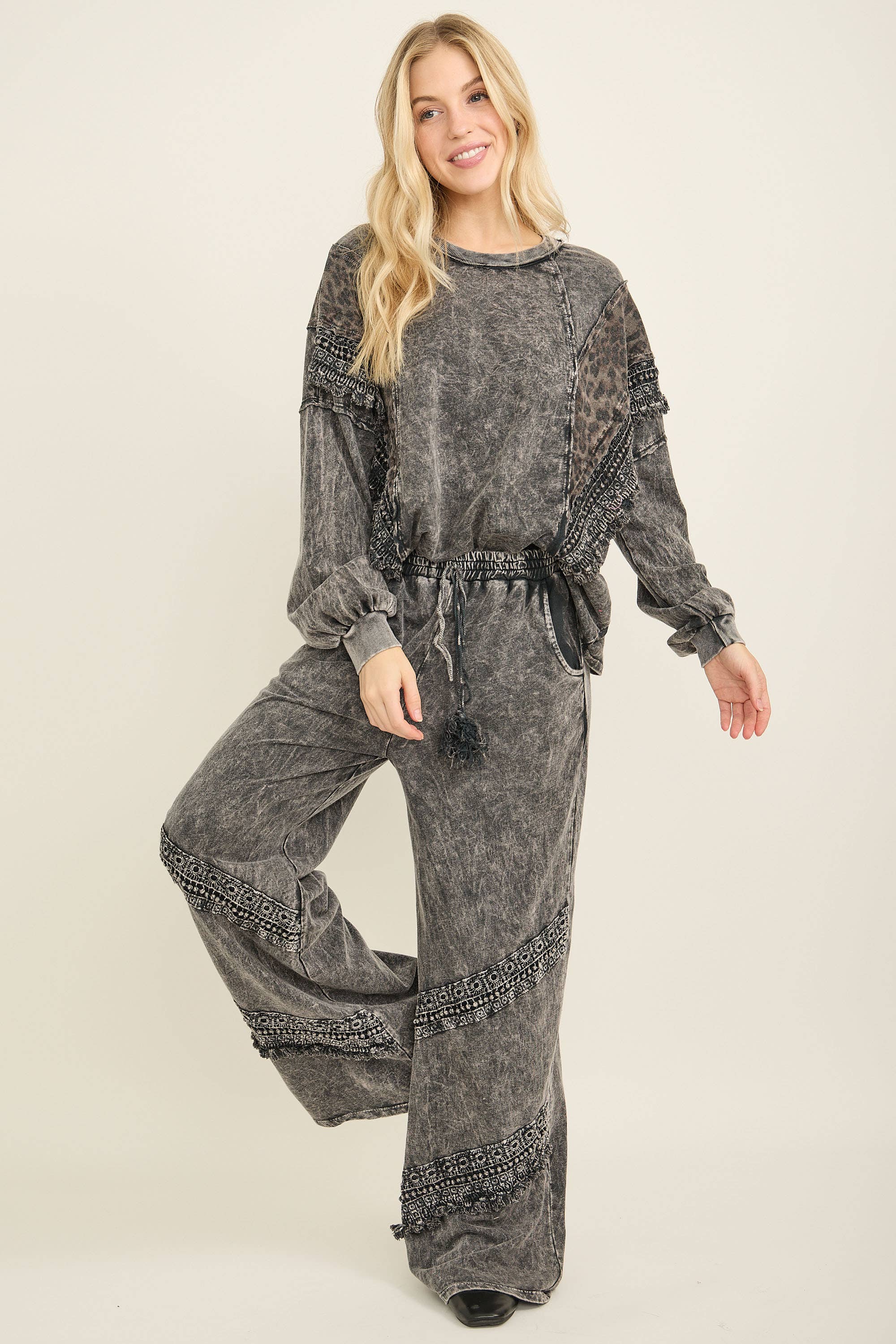 J.Her - Wholesale Blouse - Women's - Mineral Washed Cheetah Leopard Fringe tassel top HT672215