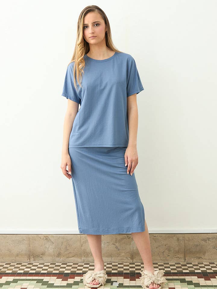 STEEL BLUE KNIT SHORT SLEEVE TOP for wholesale by Cottyfish