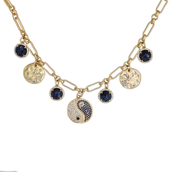 Mila Ying Yang Lapis Lazuli Charm Statement Gold Necklace for wholesale by Purple Dew