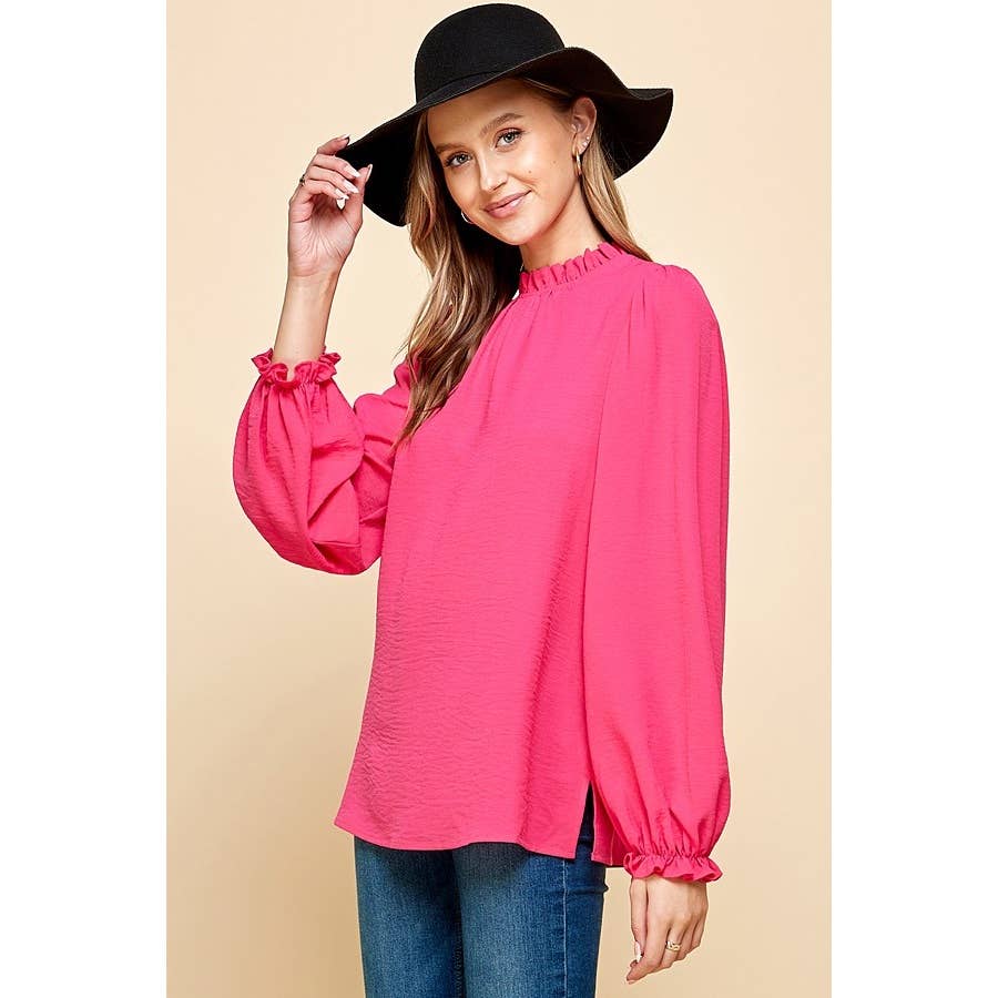 LIME N CHILI - Wholesale Blouse - Women's - Solid Ruffle Mock Neck Balloon Sleeve Blouse17