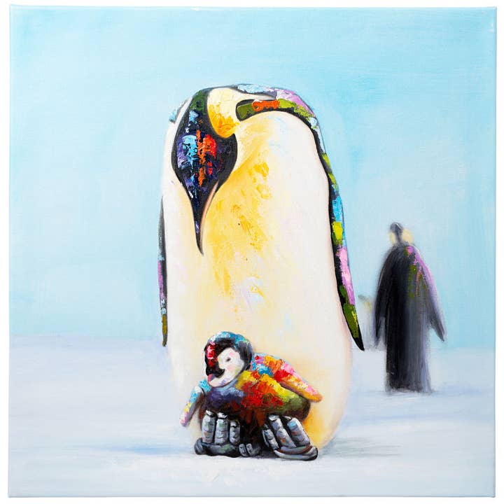 Doting Penguin | Handgemaltes Öl auf Leinwand | 60x60cm Gerahmt. für den Großhandel von Fun Animal Art
