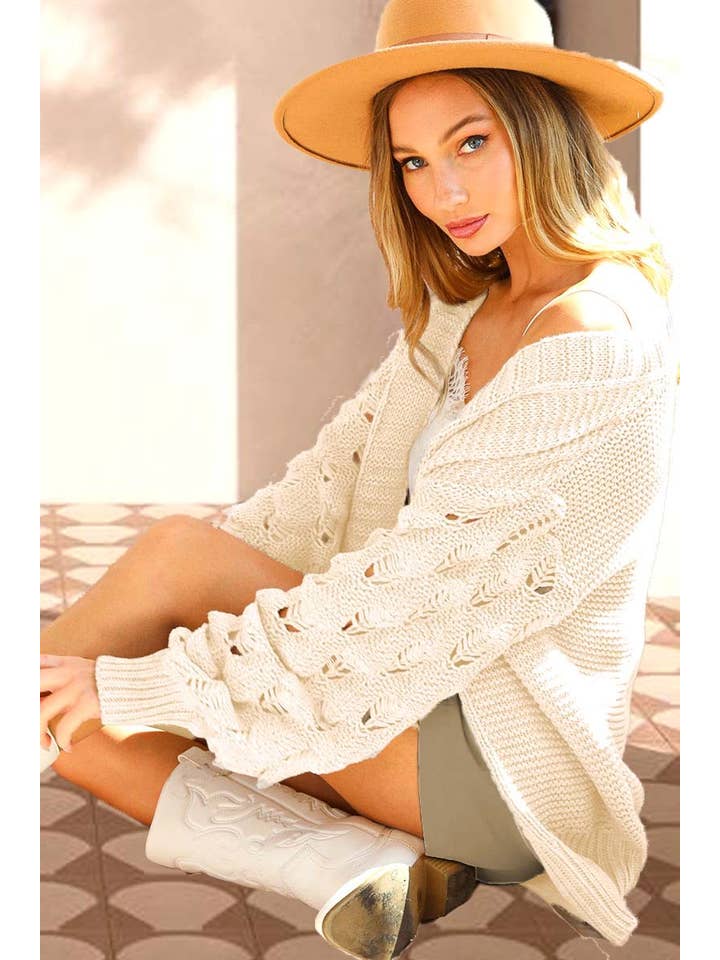Vine & Love - Wholesale Cardigan - Women's - Casual Bubble Crochet Sleeve Chunky Knitted Cardigan VJ3122222