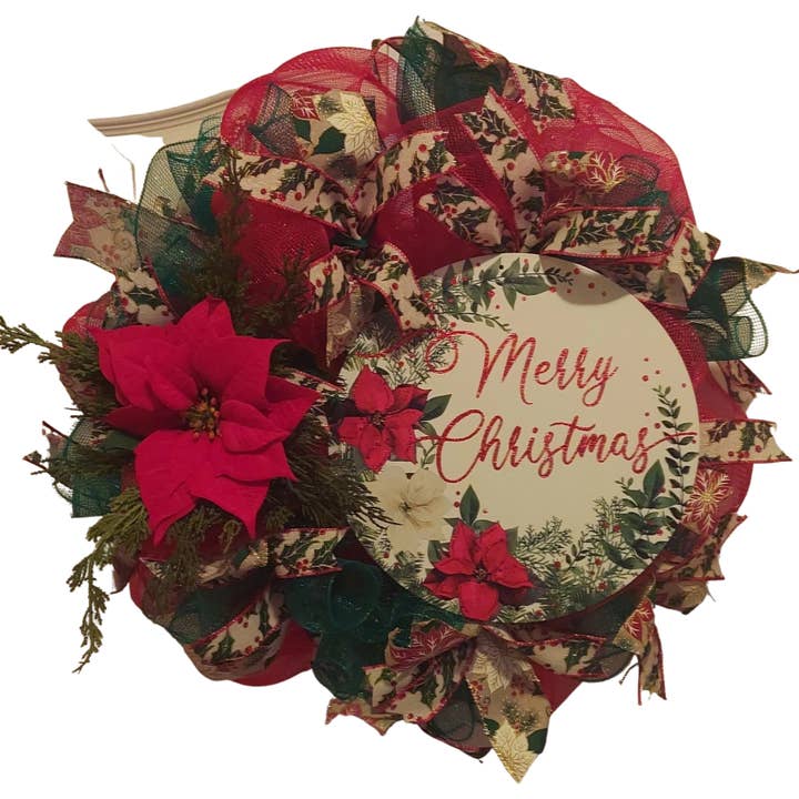 Merry Christmas Poinsettia - Grande ghirlanda decorativa in rete per la vendita all'ingrosso da parte di An Array of Wreaths, LLC