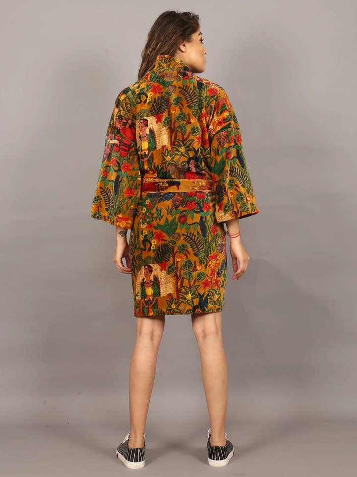 GYPSY STUDIO – wholesale Kimono – Women's – Cotton Velvet Short Kimono /Robe/Lounge Wear- Frida Kahlo Ye5