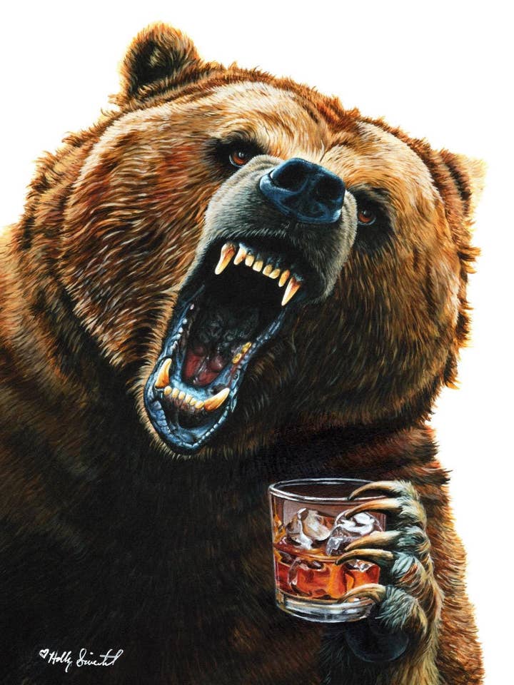 Grizzly Bear Whiskey Whimsical Signed Archival Art Print for wholesale by Holly Simental